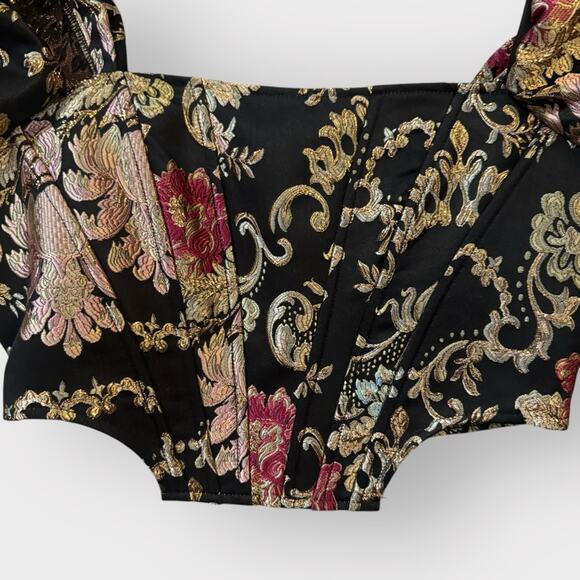 BOUTIQUE PUFF SLEEVE BUSTIER BROCADE JACQUARD CROP TOP, MEDIUM - Picture 6 of 10
